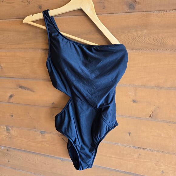 Anthropologie Seafolly Active One Shoulder Cutout Black Swimsuit One Piece 12 - Picture 2 of 5